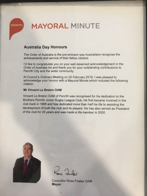 Penrith Mayoral Minute Oder of Autralia Vince Le Breton rotated 1